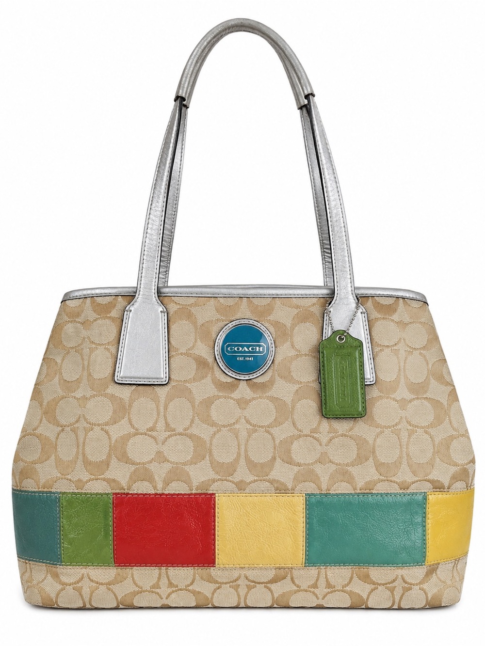 Coach Signature Patchwork Stripe Shoulder  Bag Beige Kisslock Canvas Multi